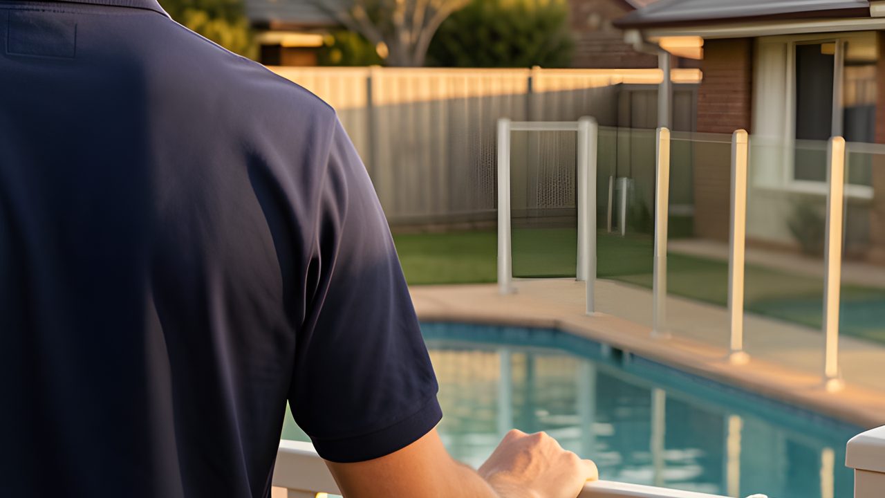 A pool certifier standing at a residential pool gate, viewed from behind