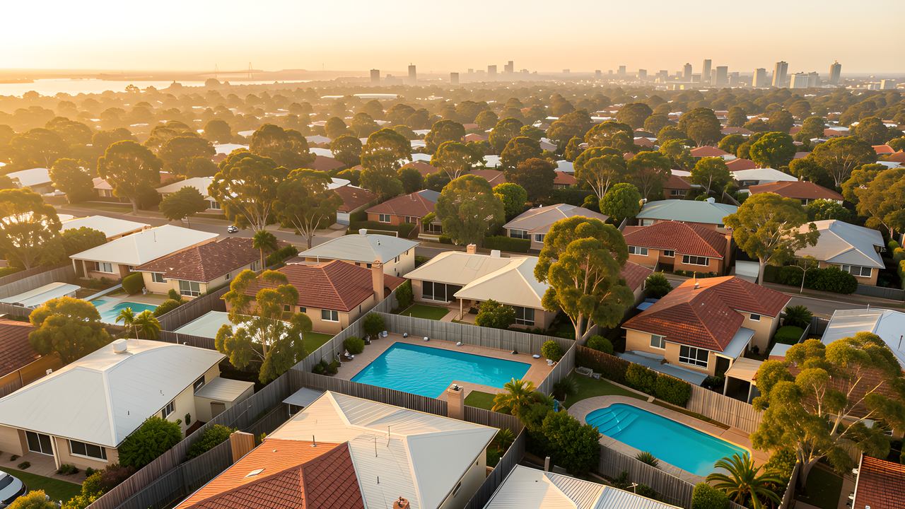 An aerial view of Sydney suburbs with backyard swimming pools