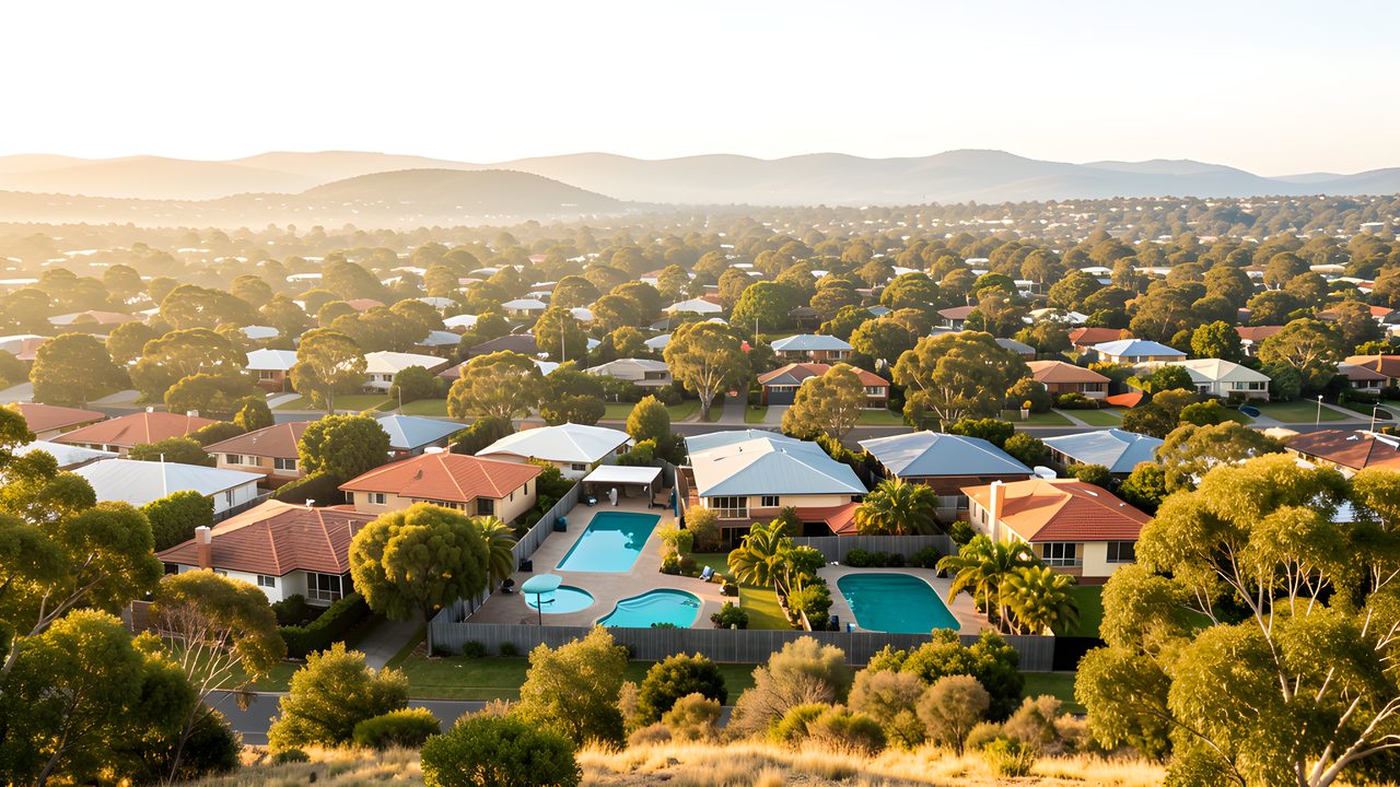 Leafy Sydney suburbs with backyard pools visible among the rooftops