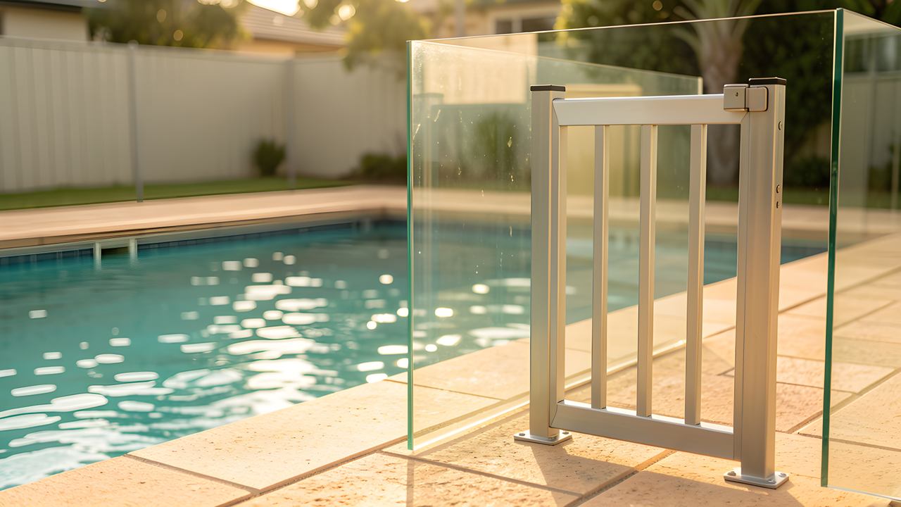 A compliant pool gate and latch at a residential swimming pool