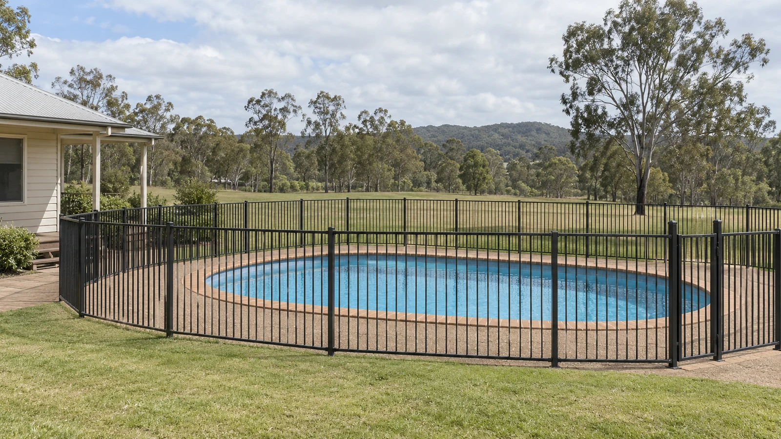 Fenced oval pool beside a country home with open lawn and gum trees.