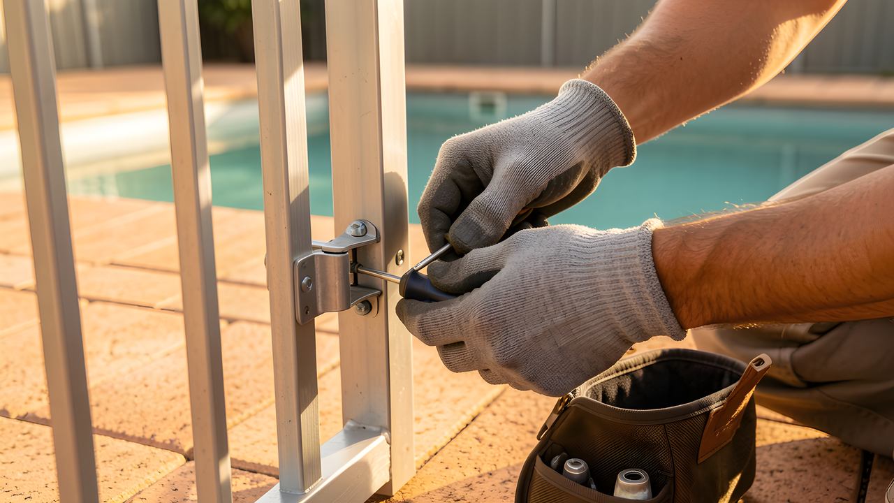 Gloved hands adjusting a pool gate hinge with a screwdriver, the pool behind