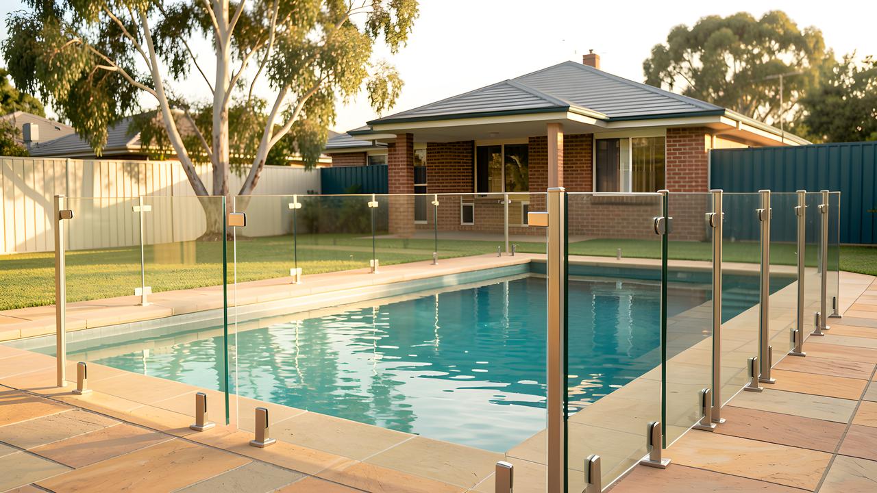 A backyard pool enclosed by a frameless glass safety fence in late afternoon light