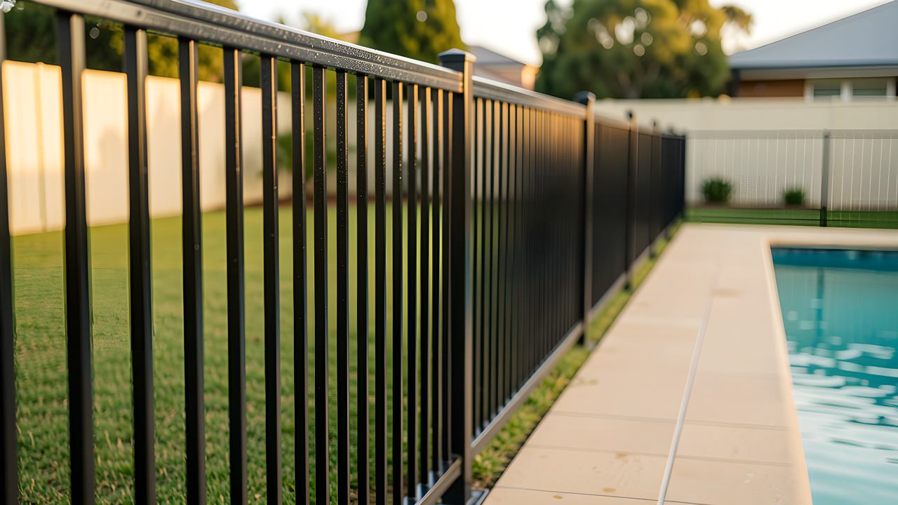 A glass swimming pool fence and self-closing gate