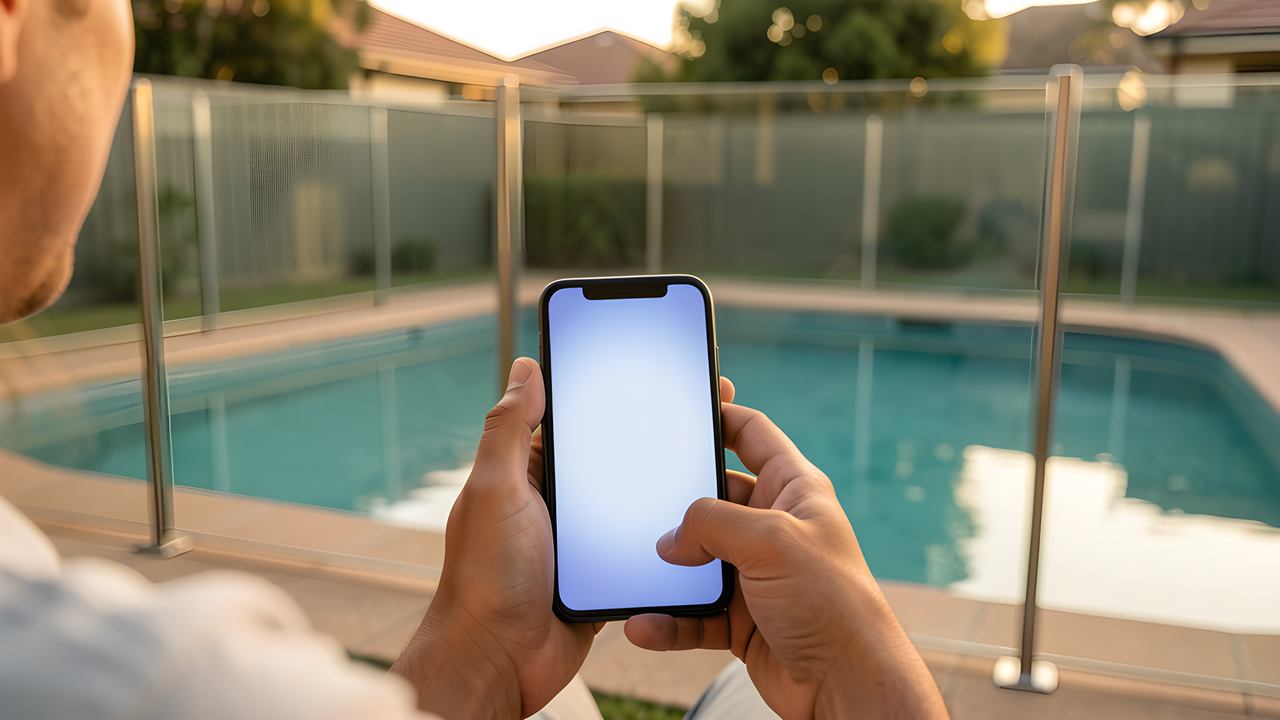 The NSW Swimming Pool Register displayed on a phone beside a pool