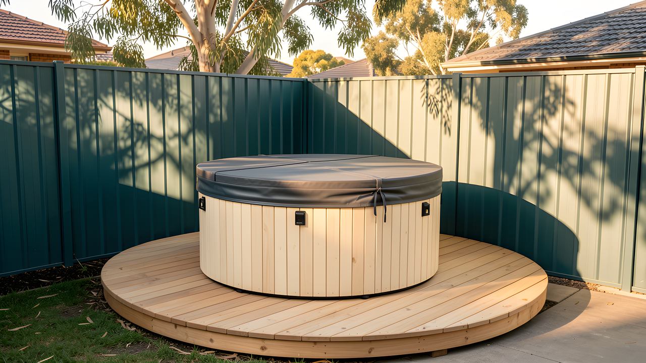 A covered swim spa in a residential outdoor area
